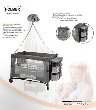  Holmer Coolstyle Anne Yanı Cibinlikli Oyun Parkı/Park Yatak 70x110cm + Aloevera Yatak