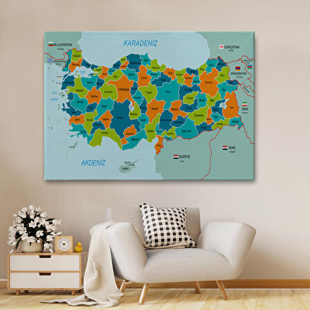 Harita Sepeti Türkiye Haritası Kanvas Tablo Sınır Komşulu Eğitici Dekoratif Tablo 3099