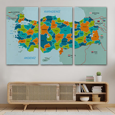 Harita Sepeti Türkiye Haritası Kanvas Tablo Sınır Komşulu Eğitici Dekoratif Tablo 3099