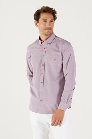Erkek Lacivert-kırmızı Slim Fit Dar Kesim Düğmeli Yaka Logolu Pamuklu Cepli Çizgili Gömlek