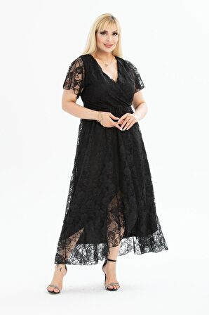 Kruvaze Yaka Büyük Beden Dantel Elbise 30A-2409