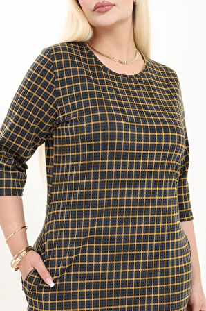 Çift Cepli Desenli Esnek Kışlık Büyük Beden Midi Elbise 30A-2724