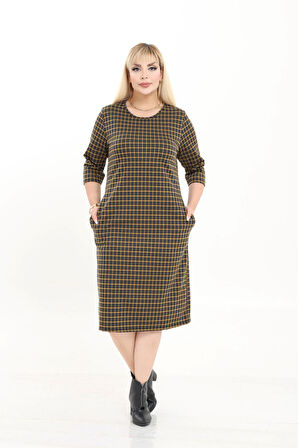 Çift Cepli Desenli Esnek Kışlık Büyük Beden Midi Elbise 30A-2724