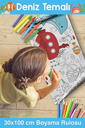 30 CM -Deniz Yaşamı ve Su Altı Temalı Bebek, Kreş ve Çocuk Aktivite Boyama Rulosu-Kids Coloring Roll