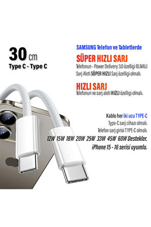 Kısa 30cm TYPE C Şarj Kablosu 60W HIZLI Type-C Girişli Samsung Telefon Uyumlu Type C to Type C