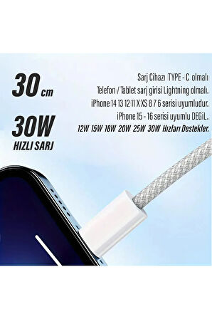Kısa 30cm iPhone Şarj Kablosu TYPE C Lightning HIZLI iPhone 14 13 12 11 Uyumlu