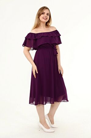 Karmen Yaka Büyük Beden Şifon Elbise 30Y-1824