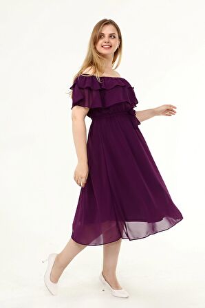 Karmen Yaka Büyük Beden Şifon Elbise 30Y-1824