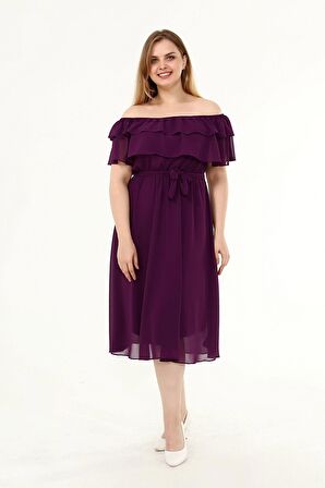 Karmen Yaka Büyük Beden Şifon Elbise 30Y-1824