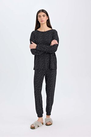 DeFacto Pijama Takımı Softshell Uzun Kollu Üst Beli Lastikli Uzun Altı-Fall in Love D9183AX24WNBK81