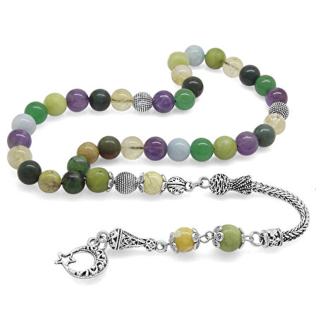 Kararmaz Metal Püsküllü Küre Kesim Çoklu Doğaltaş Kombinli Şifa Tesbihi