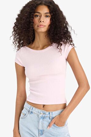 Slim Fit Dar Kesim Kayık Yaka Fitilli Kaşkorse Kısa Kollu Tişört