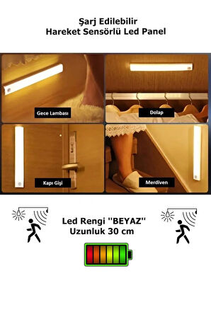 Hareket Sensörlü Şarjlı Led Lamba 30cm Beyaz