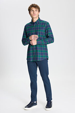 Slim Fit Dar Kesim Düğmeli Yaka %100 Pamuk Ekose Desenli Flanel Oduncu Gömlek