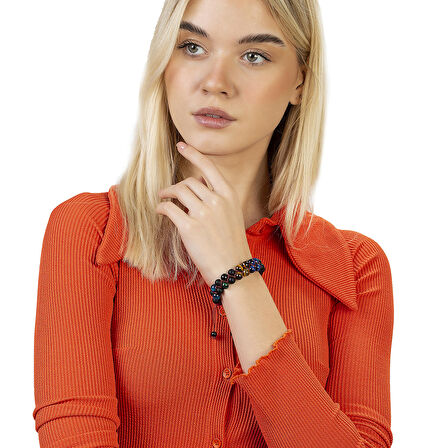 Çift Sıra Makrome Örgülü Küre Kesim Çoklu Kaplangözü Doğaltaş Kombinli Kadın Enerji Bilekliği