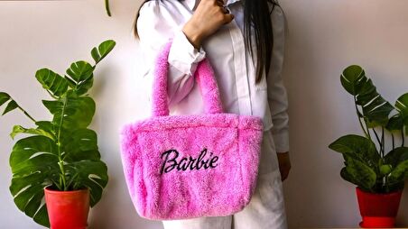 Barbie Peluş Fermuarlı Pembe Çanta Laptop Makyaj Günlük Çantası