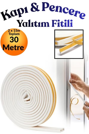 Beyaz 15 x 2 = 30 Metre Kendinden Yapışkanlı Kapı Pencere Bandı Fitili Rüzgar Soğuk Önleyici Ses Isı Yalıtım Bandı D Tipi Kauçuk Sünger Şerit Çiftli Toz Engelleyici PVC Alüminyum Yalıtım Fitili