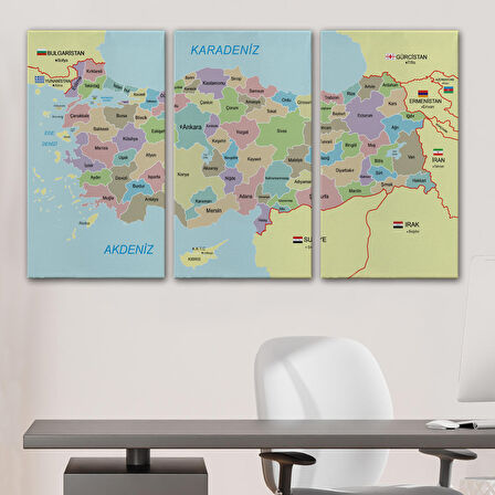 Harita Sepeti Türkiye Haritası Kanvas Tablo Sınır Komşulu Eğitici Dekoratif Tablo 3100