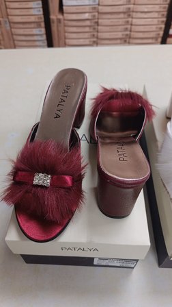 Patalya Bordo Dolgu Topuk Taşlı Kaztüyü Kadın Terlik 625