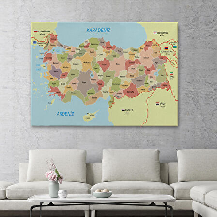 Harita Sepeti Türkiye Haritası Kanvas Tablo Sınır Komşulu Eğitici Dekoratif Tablo 3101