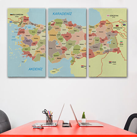 Harita Sepeti Türkiye Haritası Kanvas Tablo Sınır Komşulu Eğitici Dekoratif Tablo 3101