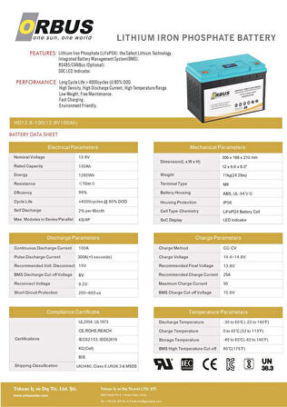 Orbus 12.8 Volt 100 Amper Lityum Lifepo4 Akü