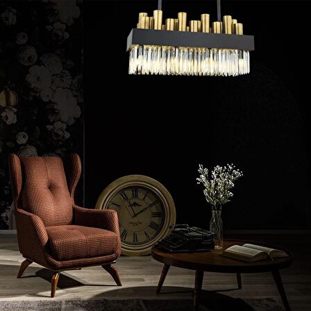 Torre Sıralı Eskitme  Kristalli, Taşlı Modern Tasarım Yemek Masası Üstü, Kristal Salon Avize