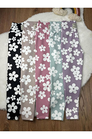 Kışlık Şardonlu Çiçek Baskılı Kız Çocuk Fitilli  Tayt 4'lü Set