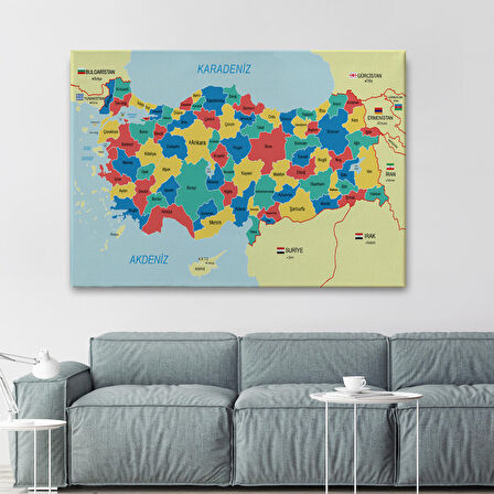 Harita Sepeti Türkiye Haritası Kanvas Tablo Sınır Komşulu Eğitici Dekoratif Tablo 3103