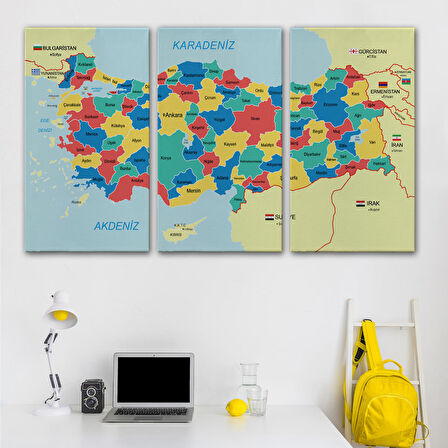 Harita Sepeti Türkiye Haritası Kanvas Tablo Sınır Komşulu Eğitici Dekoratif Tablo 3103