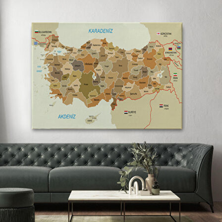 Harita Sepeti Türkiye Haritası Kanvas Tablo Sınır Komşulu Eğitici Dekoratif Tablo 3104