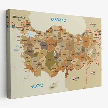 Harita Sepeti Türkiye Haritası Kanvas Tablo Sınır Komşulu Eğitici Dekoratif Tablo 3104