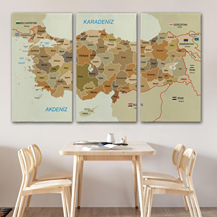 Harita Sepeti Türkiye Haritası Kanvas Tablo Sınır Komşulu Eğitici Dekoratif Tablo 3104