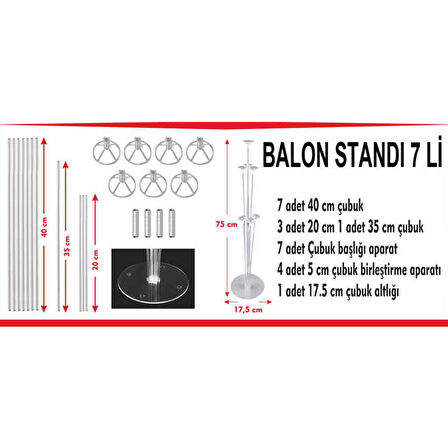 Ayaklı  Balon Süsleme Standı 7 Çubuklu Set 75 CM