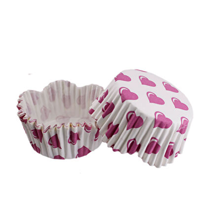 Cupcake Kalıbı Pet Kapsül Dalgalı Kek Kalıbı 65X38 MM (100 Adet)  Beyaza Fuşya Kalpli