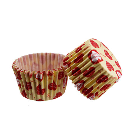 Cupcake Kalıbı Pet Kapsül  Kek Kalıbı 48X34 MM (100 Adet)  Sarıya Kırmızı Kalpli Yazılı