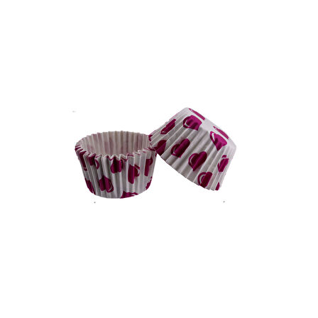Kek Kalıbı Pet Kapsül 52X45 MM Kağıt Cupcake Kağıdı (100 Adet)  Beyaza Fuşya Kalpli