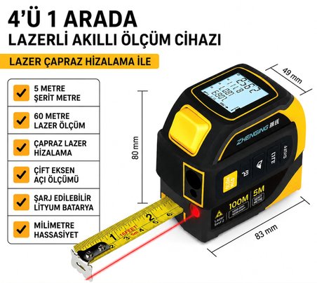 Oseay 3’ü 1 Arada Şarjlı Lazer Metre 60 m – 5 m Çelik Şerit Metre ve Çapraz Lazer Hizalama
