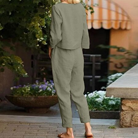 Barbora Keten Günlük Rahat Beli Kemerli Kadın İkili Takım Alt Üst LN01haki14