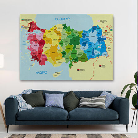 Harita Sepeti Türkiye Haritası Kanvas Tablo Sınır Komşulu Eğitici Dekoratif Tablo 3105