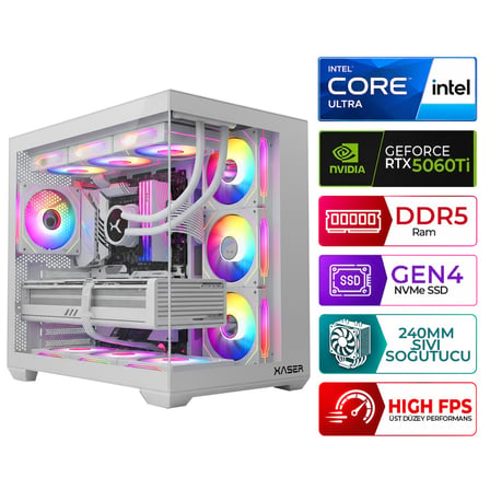 Xaser Kratos X170 Intel Ultra 5 225F 16GB DDR5 Ram 1TB M.2 NVMe SSD 16GB RTX5060Ti Sıvı Soğutmalı Masaüstü Oyuncu Bilgisayarı