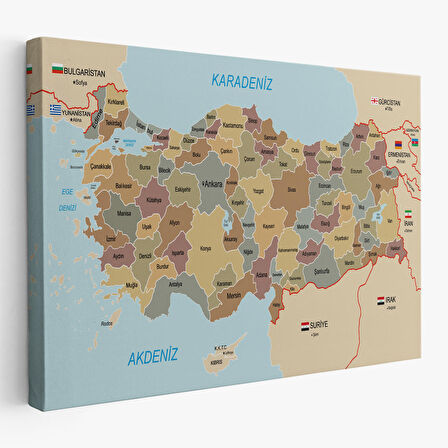 Harita Sepeti Türkiye Haritası Kanvas Tablo Sınır Komşulu Eğitici Dekoratif Tablo 3106