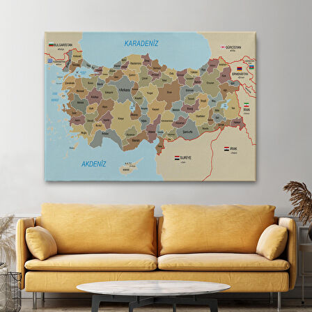 Harita Sepeti Türkiye Haritası Kanvas Tablo Sınır Komşulu Eğitici Dekoratif Tablo 3106