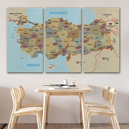 Harita Sepeti Türkiye Haritası Kanvas Tablo Sınır Komşulu Eğitici Dekoratif Tablo 3106