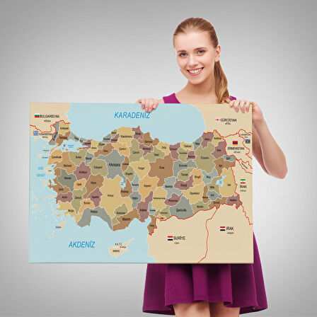 Harita Sepeti Türkiye Haritası Kanvas Tablo Sınır Komşulu Eğitici Dekoratif Tablo 3106