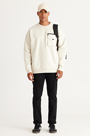 Erkek Bej Oversize Bol Kesim Içi Polarlı Iplik Bisiklet Yaka %100 Pamuk Sweatshirt