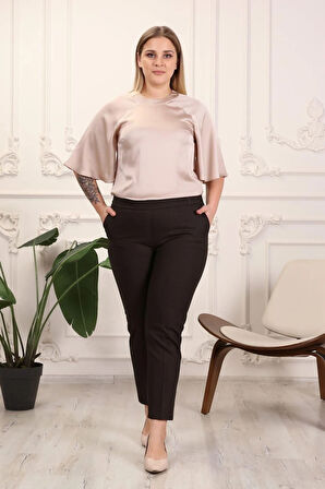 Gabardin Kumaş Kahve Büyük Beden Arka Lastikli Pantolon