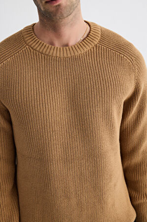 Bisiklet Yaka Selanik Örgü Pamuklu Erkek Sütlü Kahve Triko Kazak