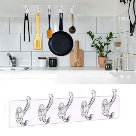 CELİK AVM® 5'li Güçlü Yapışkanlı Şeffaf Duvar Askısı Banyo Mutfak Düzenleyici Pratik Askılık