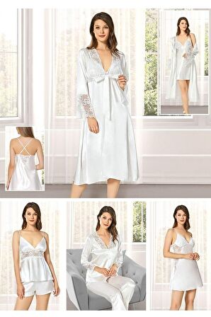 Kadın Ekru Saten Çeyiz Seti 6 Parça Dantelli Sabahlık Gecelik Pijama Şortlu Takım 8640